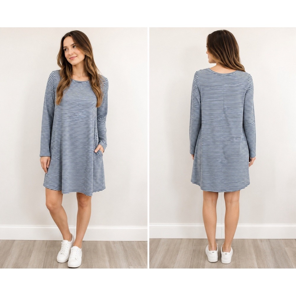 J Jill Small Tall Striped Knit Dress Blue White Long Sleeve Swing Tunic ST